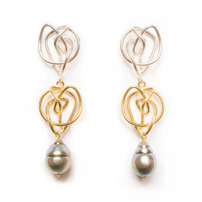 18kt Gold & Sterling Silver Endless Love Earrings with Tahitian Pearls